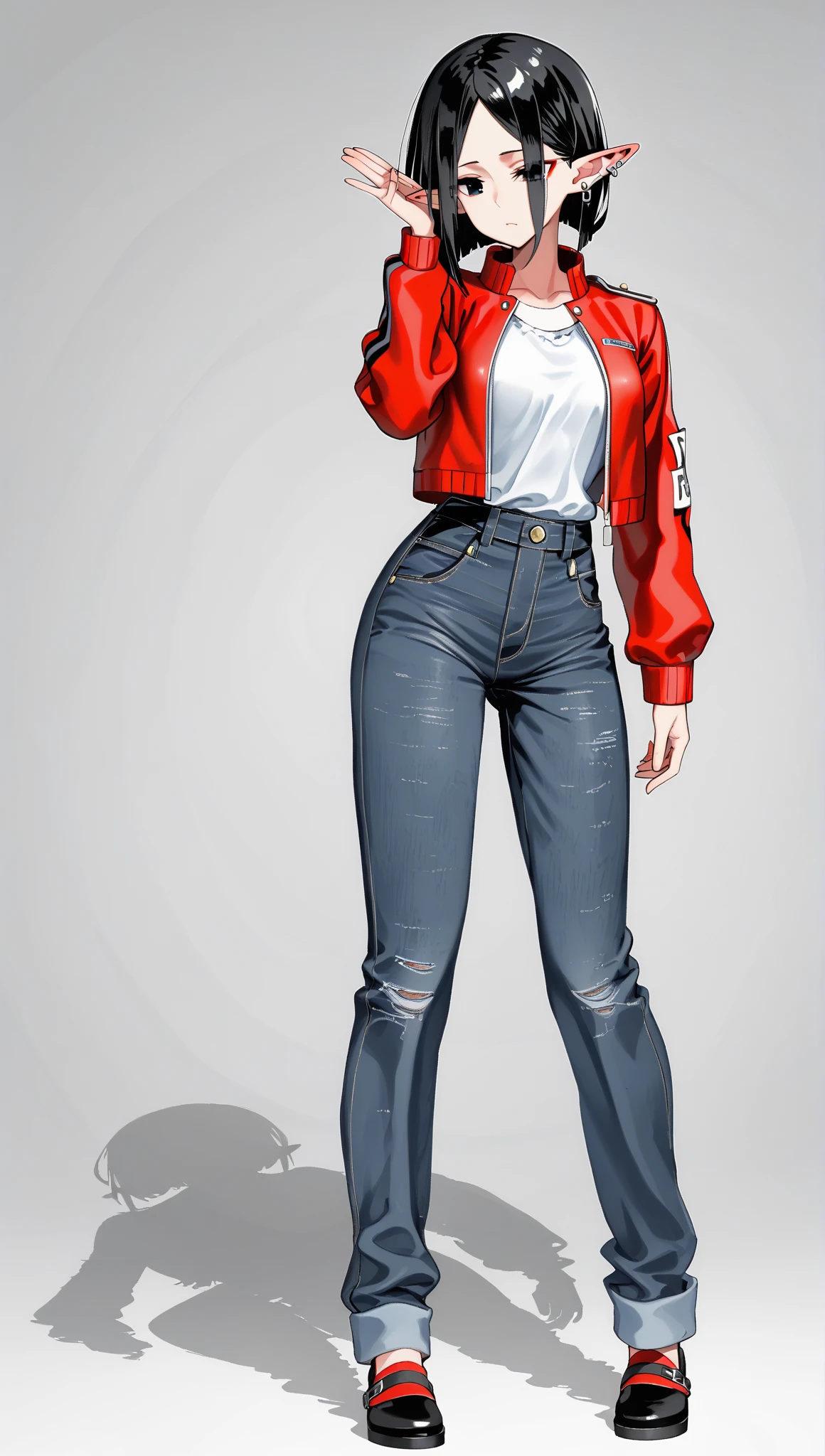 Sakura is beautiful and tall with short anime hair, super realistic and well detailed red tank top, Blue pants, belt, Pink shoses, fullbody, looking at the veiwers, Ultra High quality, Standing,