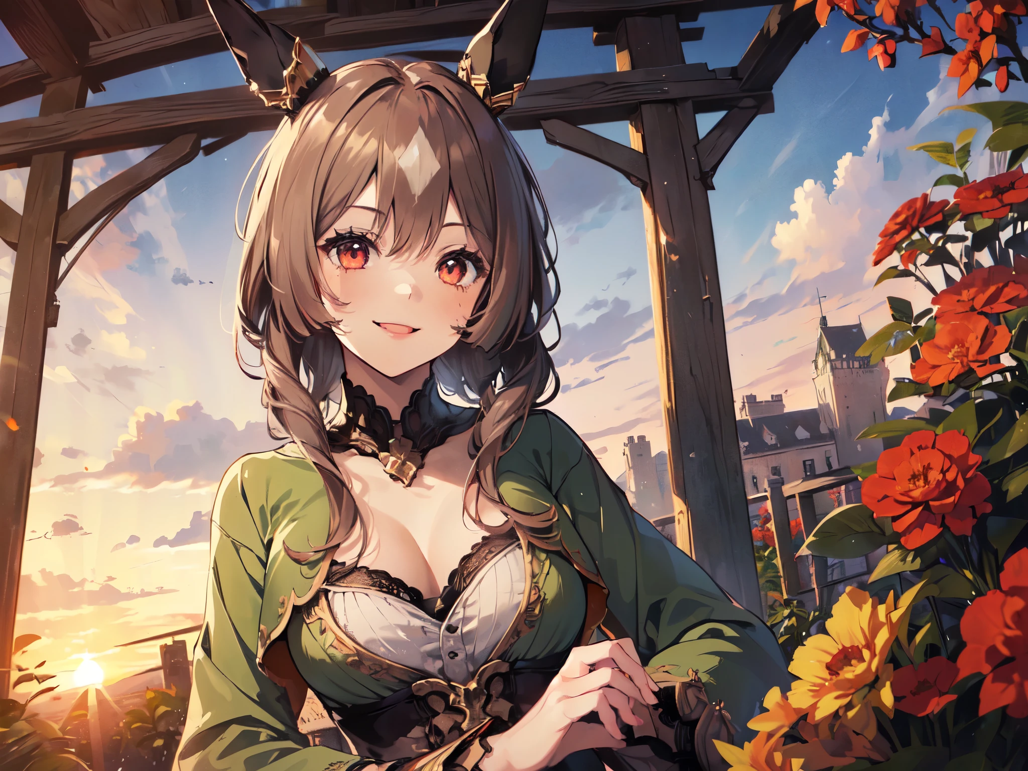 (Alone:2), (1 Female:2), (Green costume), (Short Fingers, Short Arms, Short Legs), (Horse Ears), (Flat Chest), (Smiling, Looking at Camera), (Red Castle Garden), (Sunset), (Focus on Chest), (Carefully Drawn, Amazing Artwork, Top Quality, High Resolution, 8k, Detailed, Delicate),