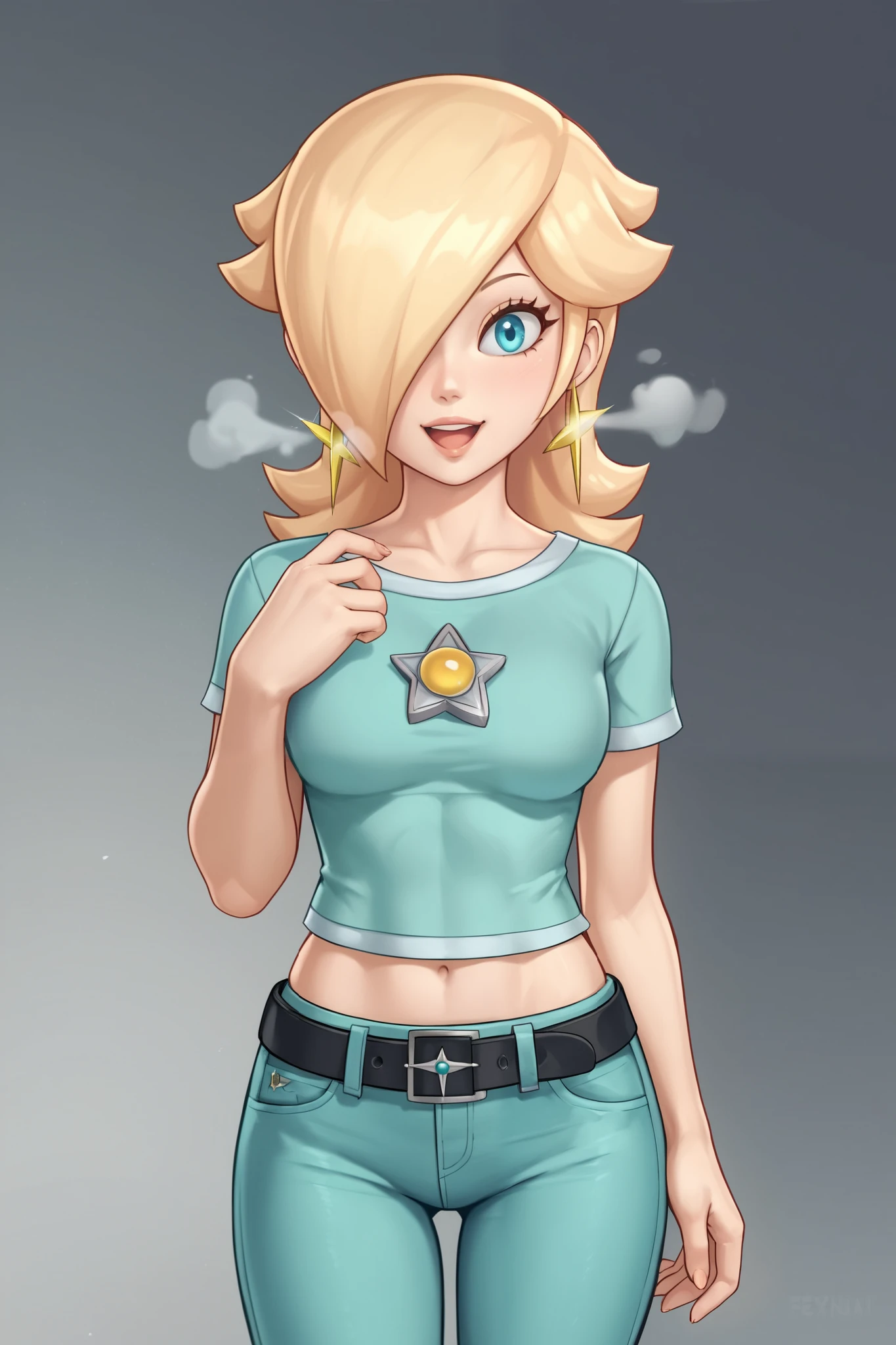 score_9, score_8_up, score_7_up, source_anime, rosalina, blonde hair, blue eyes, hair over one eye, long hair, star earrings, solo, cowboy shot, black t-shirt, taut clothes, tight shirt, midriff, jeans, black belt, smile, open mouth, breath, close-up