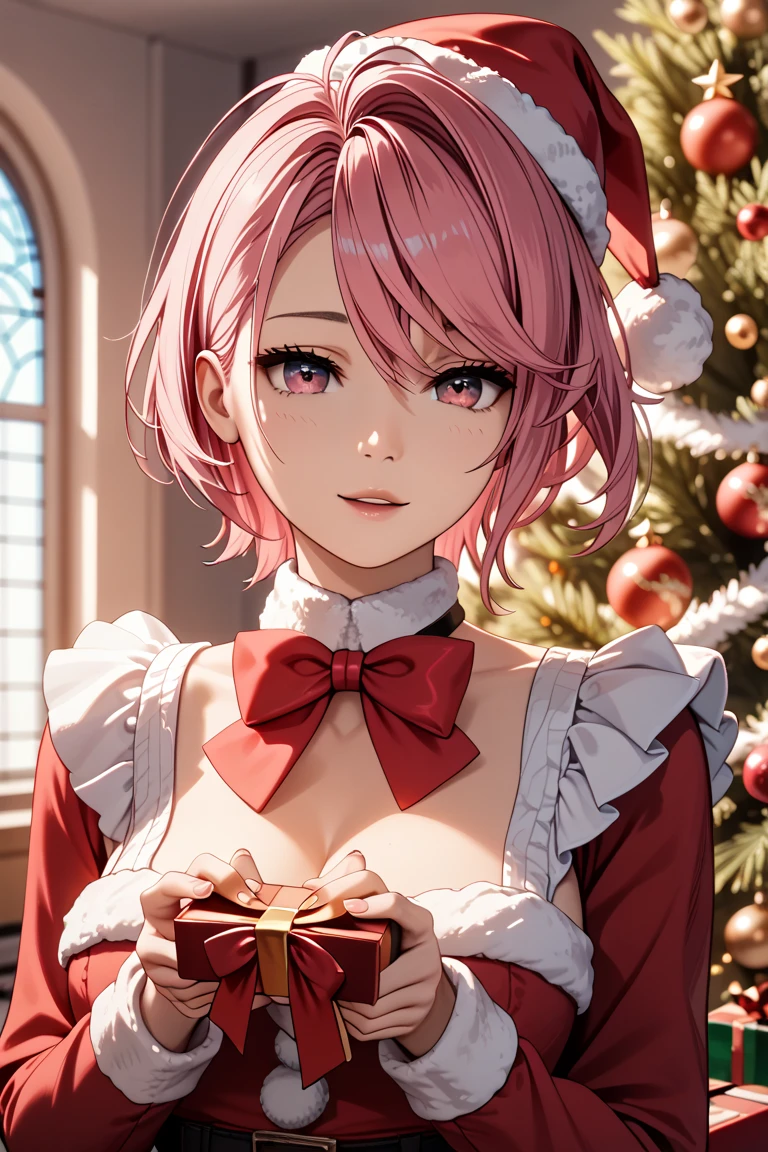 ((Masterpiece, Best Picture Quality, High Quality, Ultra High Quality, Depth of Field, 4K, High Definition)), dynamic composition, lone beautiful girl, daytime, greeting visitors at apartment entrance, (no window:1.4, Christmas ornament on shoe box), sexy Santa costume, Aira Shiratori, left up bang asymmetrical short hair, left flowing bangs, stupid hair, pink hair, pink eyes, cowboy shot, close-up of person