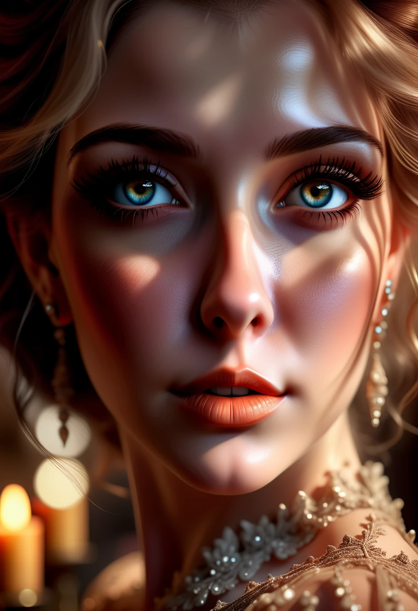 realistic, photorealistic, 1 woman,  beautiful and detailed eyes,  detailed and beautiful lips,  extremely detailed face and portrait ,  long lashes, elegant dress,  cinematic lighting ,  warm color tones , Dramatic lighting, Fantasy, Digital Art, 8k,  best quality, hyper detailed,  intricate details ,  masterpiece , vibrant colors,  volumetric lighting , Soft Focus,  natural skin tones ,  as if it were an oil painting 