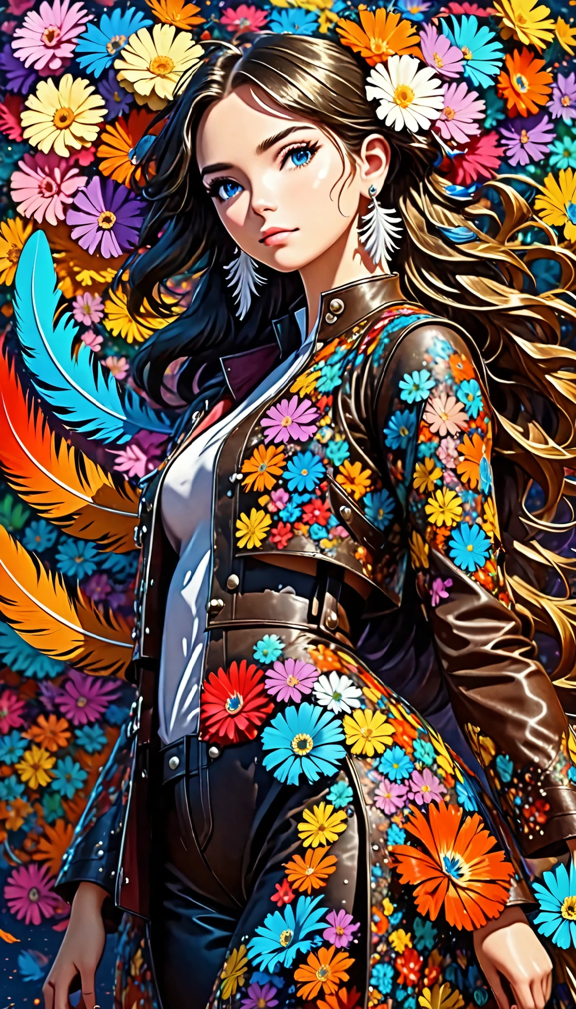 (   official art  ,   beautiful and aesthetic   :1.2), ( a girl:1.3), (fractal art:1.1), (colorful:1.1)(flores:1.3), highest detailed, (tangled:1.2),   full body drill, (   abstract background   :1.3), ( shiny leather), (many colors:1.4), (earrings), (feathers:1.5)