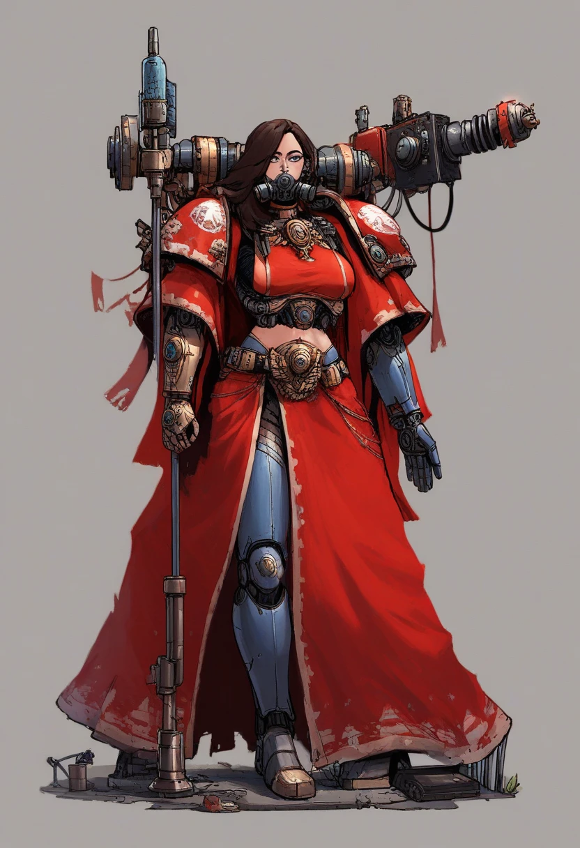 Anime, Concept art, Absurd resolution, high resolution, (masterpiece: 1.4), hyper-detail, octosoup, warhammer 40k, 1woman, admech, staff, red robe, cybernetics, long hair, brunette, cyborg, mechanical hands, boob window, midriff, gas mask: 1.5, tubes, wires, raggy clothes, cybernetic eye, adeptus mechanicus, red robe, tech priest, mechanical joints