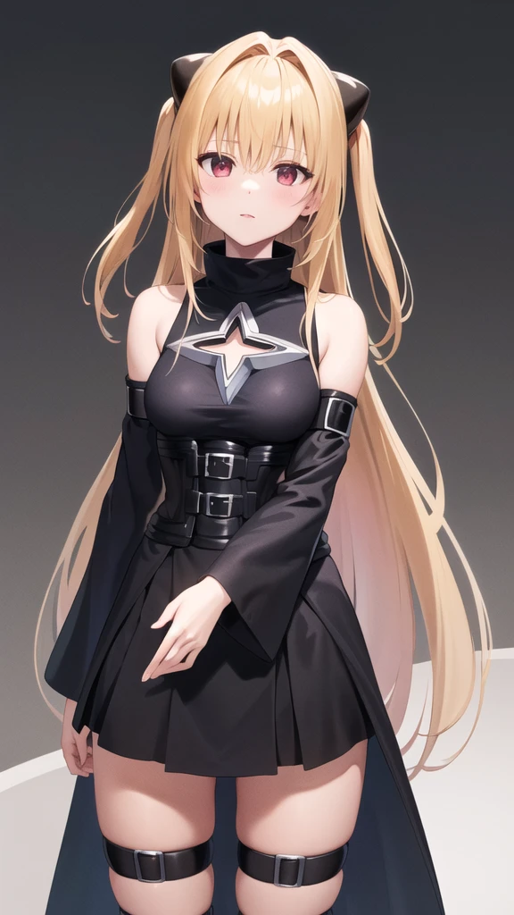 masterpiece, best quality, highres, aayami, very long hair, two side up, hair ornament, bare shoulders, black dress, clothing cutout, large breasts, detached sleeves, belt, thick legs, thigh strap, sitting, knees up, cowboy shot,
