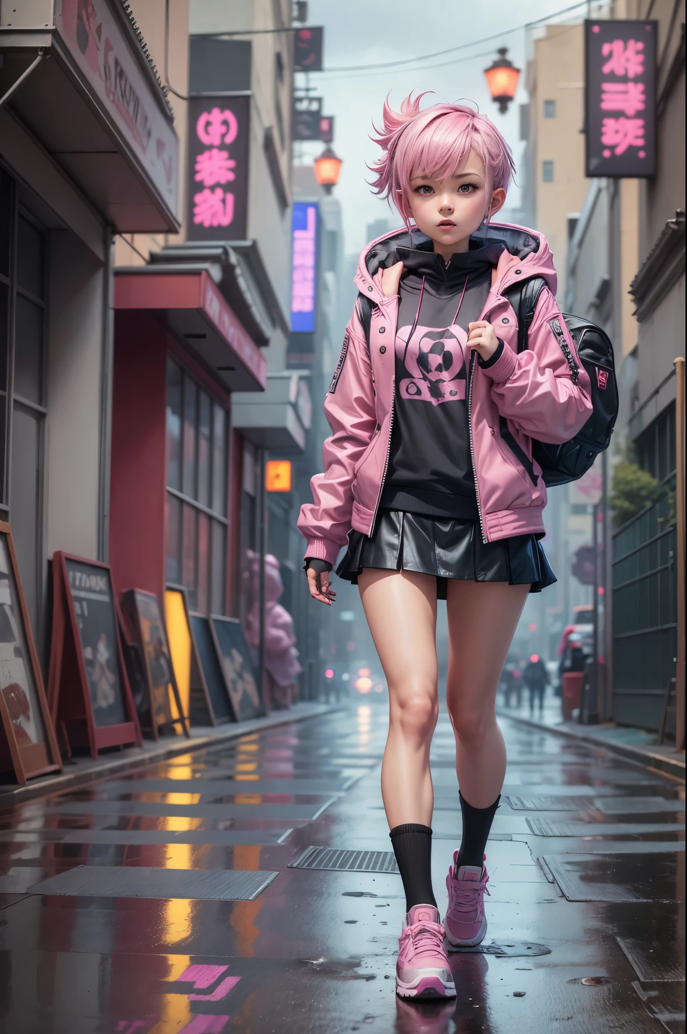 ((Best quality)), ((masterpiece)), (detailed: 1.4), 3D, cyberpunk woman,, a beautiful woman with pink medium calluses, looking at camera, dirty clothes