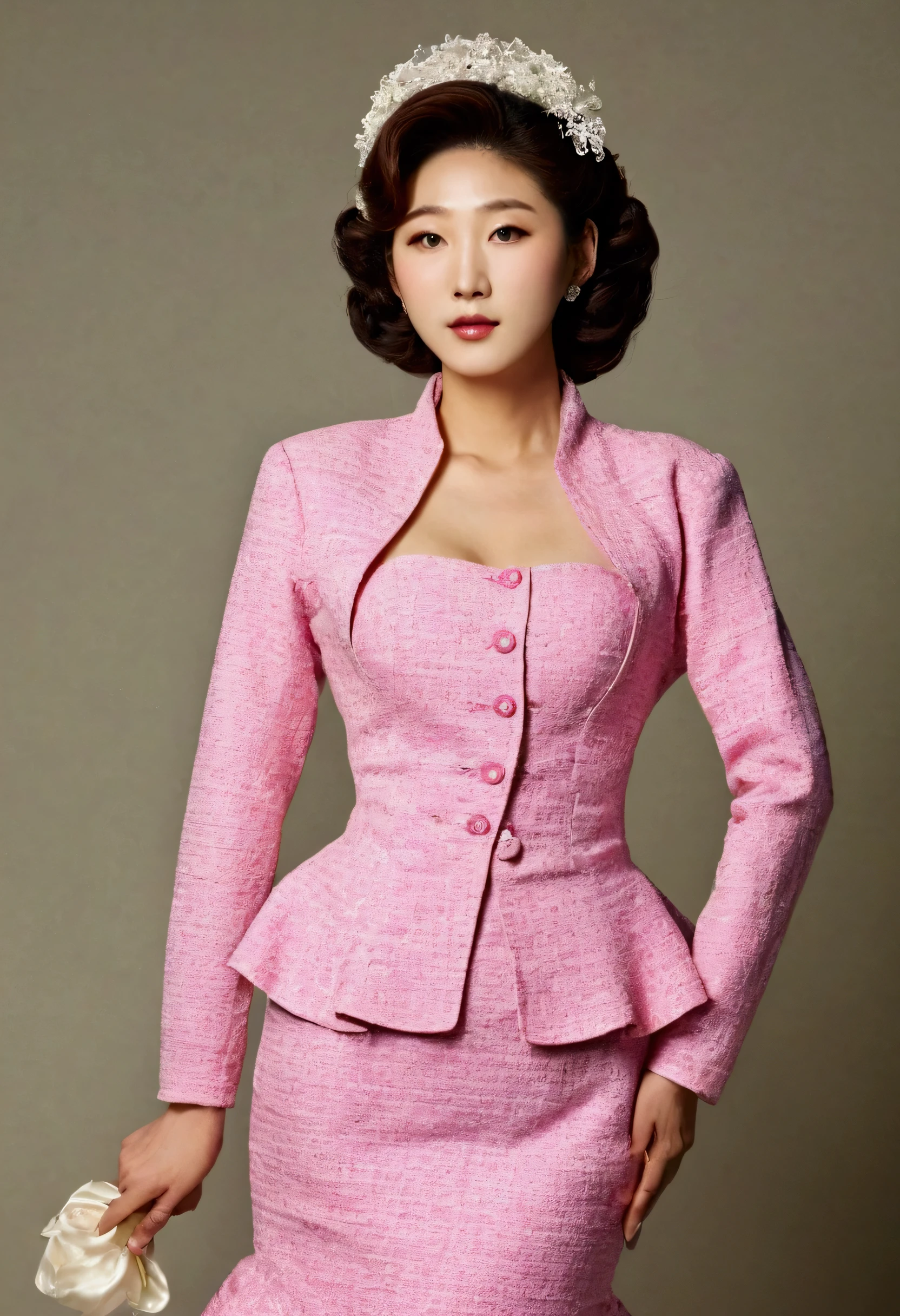 A Korean man had surgery to change his body from male to female, his body is completely female, he has big breasts like a woman, but his face is not changed and still looks like a man, His hair is still manly and short, This Korean man is wearing a mother's fancy dress costume, Mother of the Bride Dress Outfit, long sleeve bolero and dress set, bolero and dress coordination, vintage dress set, pink, tweed, sit quietly