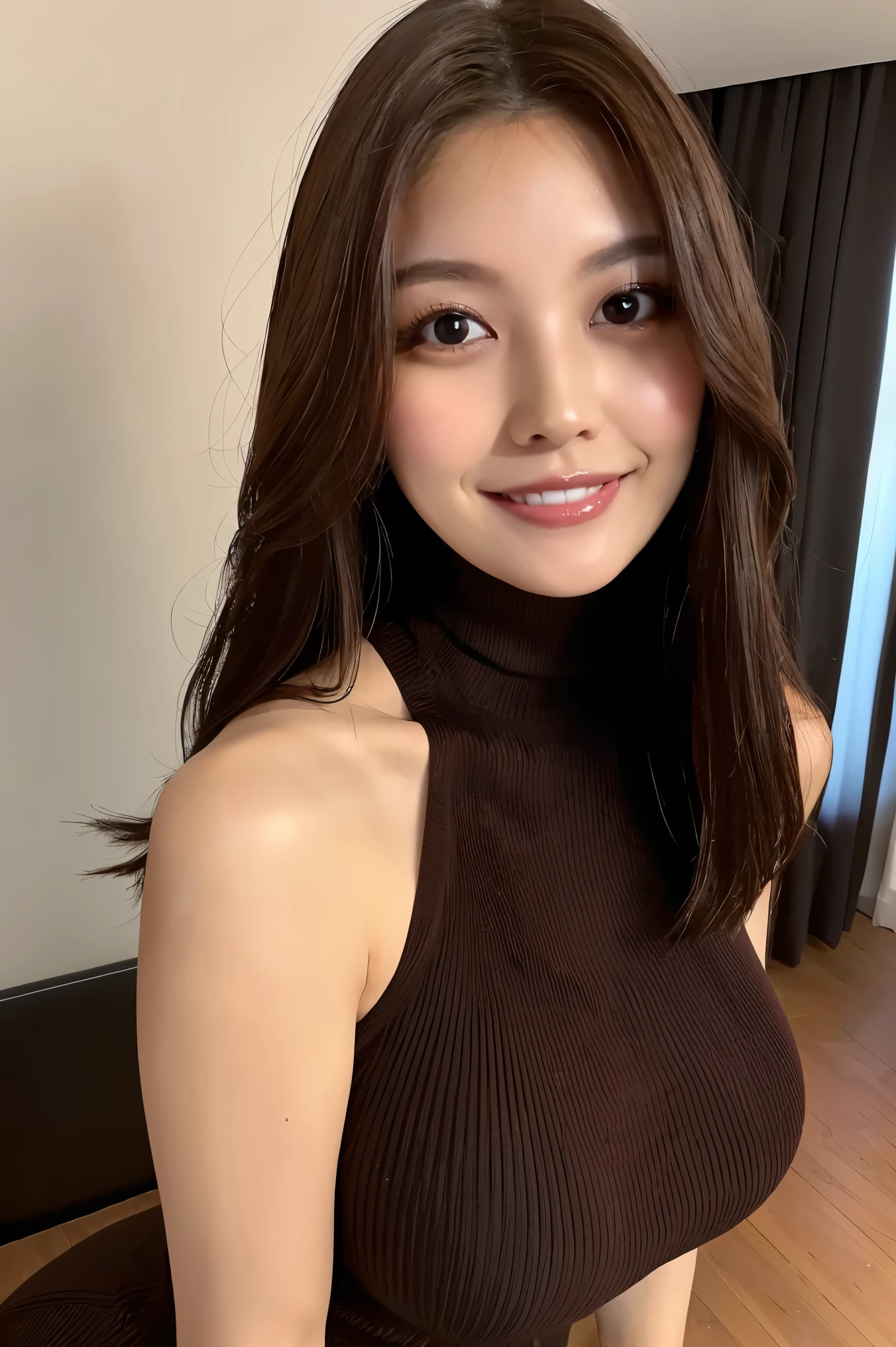 (, 8k, masterpiece: 1.3)), .   head and body balance   ,   woman with perfect figure: 1.4,   slender body: , ((  Has a lot of dark brown hair  ,Big Breasts: 1.2)), ((  tight knit dress , Sexy pose with legs spread out )),   high-resolution face and skin textures  , fine grain,   Full Photo 、 ,   Expressions of seduction, 
