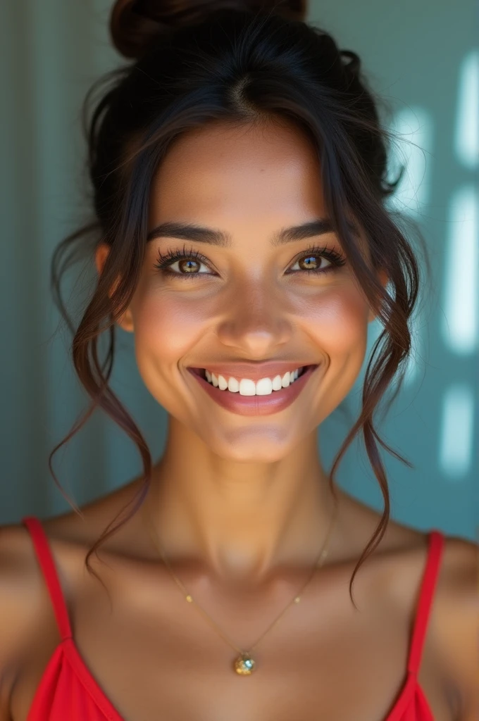 There is a young, Beautiful indian woman, who looks to the future like Katrina Kaif, Smiles into the camera, beautiful teeth, She looks into the camera, a portrait from raw photo, body, conservative modern europen color dress, ((hair French Twist), 
