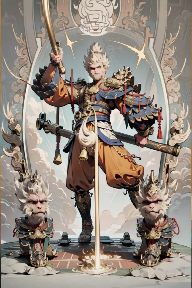 , 1 man ,Sun Wukong, Holds a Golden Mace,cloud,Bare your fangs, fierce ,Age25 ,ขี่cloud,((Mantle Details)),Full body