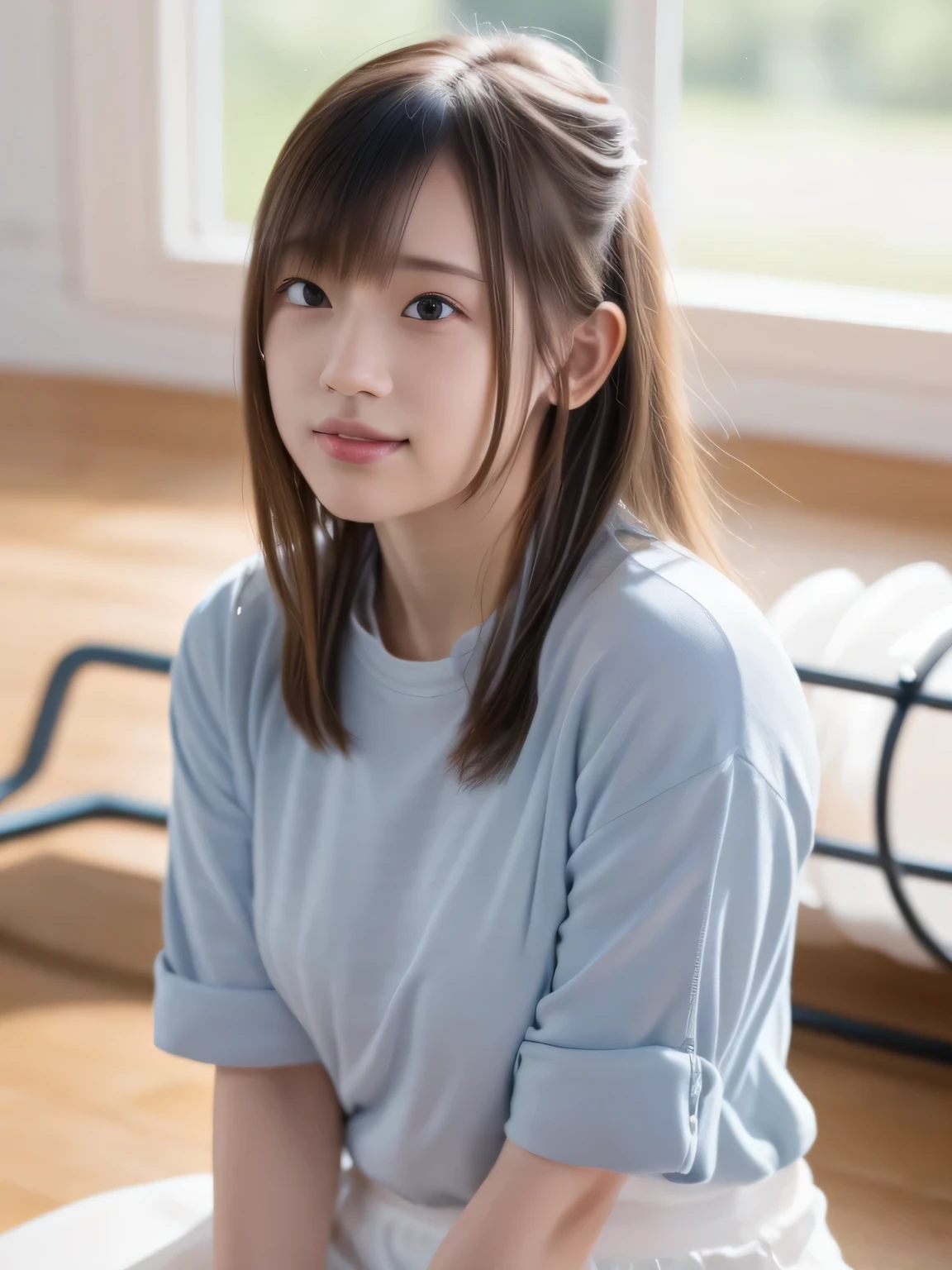 A young person sits on the polished wooden floor of a brightly lit gymnasium, their knees pulled close to their chest with arms wrapped securely around their legs. White panties are visible. The soft light from tall windows reflects off the glossy floor, casting gentle patterns around them. Their relaxed posture suggests a moment of quiet contemplation or rest, as they gaze thoughtfully at the open space ahead. The gym walls, marked with faded sports lines and a few scattered pieces of equipment, frame the serene yet reflective atmosphere. ( RAW photos , top quality ), ( realistic , photo- realistic :1.4), masterpiece, extremely delicate and beautiful, extremely detailed, 2k wallpaper, wonderful, Detailed description, extremely detailed CG unity 8k wallpaper, ultra detail showing the cathedral, high res, Soft light, beautiful with great attention to detail, extremely detailed eyes and face, beautiful detailed nose, beautiful detailed eyes, cinematic lighting , Perfect Anatomy, smile. 裾の短い、白いワンピースを着ています。