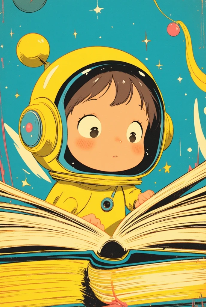  storybook illustration, A little fairy turns the pages of a thick book, Yellow and blue are the base colors , close-up view ,  close-up view ,  60's cartoon space helmet ,  closeup shot ,  full color illustration,  Additional Details ,  60's style cartoon fairy , s Picture Book Cover , Close-up,  close-up view , mid closeup , medium  closeup shot ,cartoon pop ,feathered fairy