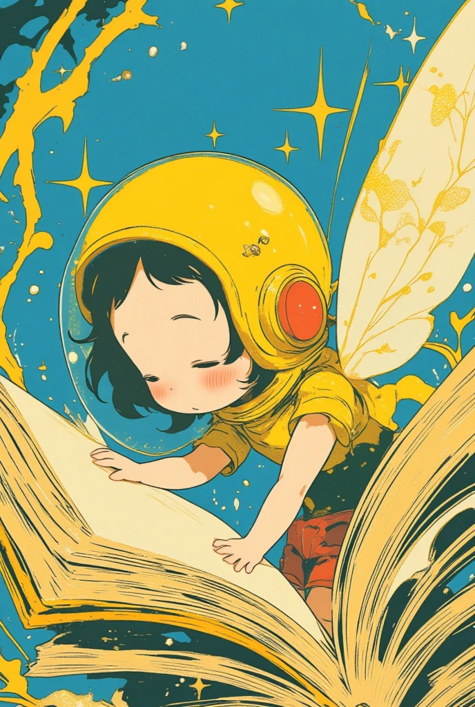  storybook illustration, A little fairy turns the pages of a thick book, Yellow and blue are the base colors , close-up view ,  close-up view ,  60's cartoon space helmet ,  closeup shot ,  full color illustration,  Additional Details ,  60's style cartoon fairy , s Picture Book Cover , Close-up,  close-up view , mid closeup , medium  closeup shot ,cartoon pop ,feathered fairy