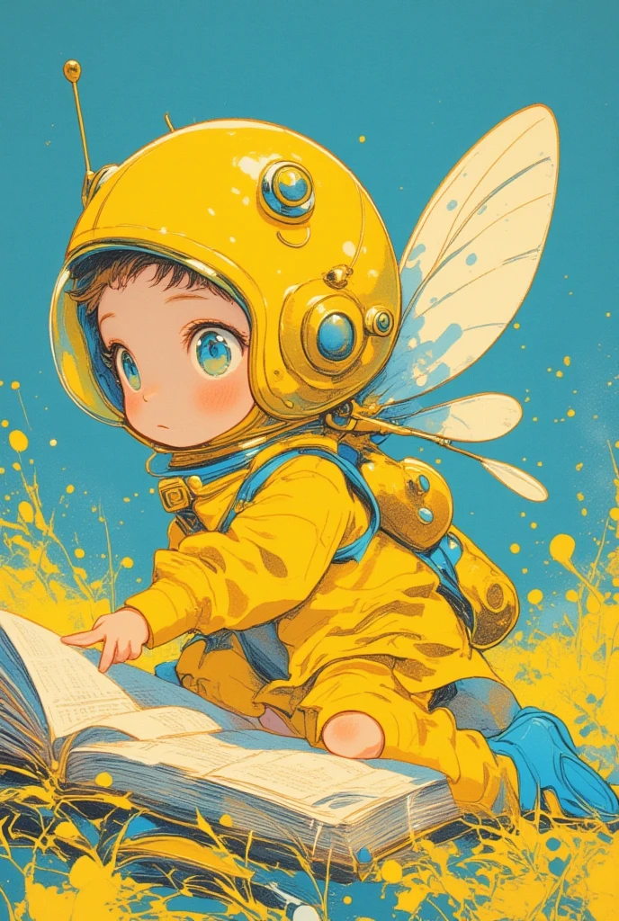  storybook illustration, A little fairy turns the pages of a thick book, Yellow and blue are the base colors , close-up view ,  close-up view ,  60's cartoon space helmet ,  closeup shot ,  full color illustration,  Additional Details ,  60's style cartoon fairy , s Picture Book Cover , Close-up,  close-up view , mid closeup , medium  closeup shot ,cartoon pop ,feathered fairy