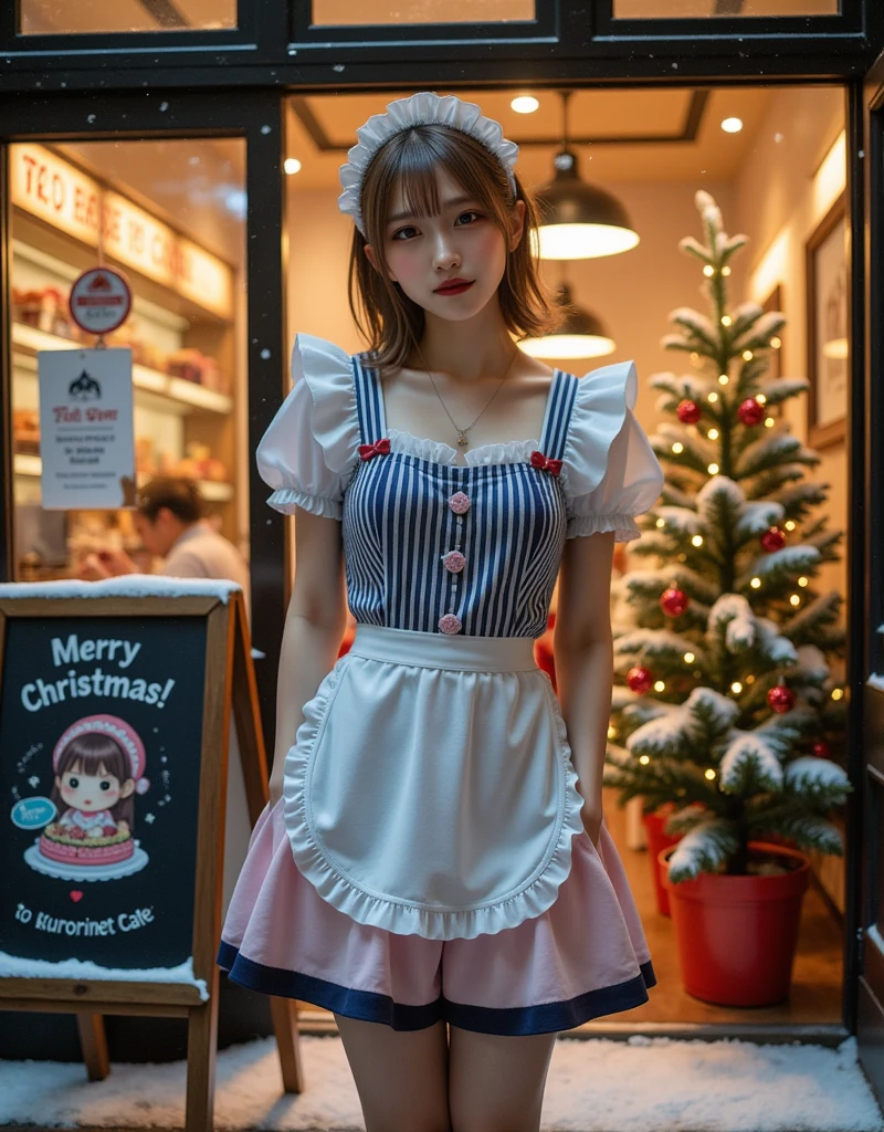 ultra-realistic, photorealistic, dramatic scene, shadow, global-illumination, solo, (20 years old Japanese famous idol girl:1.5), very beautiful fragile Japanese girl, very beautiful with very cute face, (modern maid, detailed face skin texture, cowboy shot:1.2), (wearing a cute pastel colored maid outfits with frills:1.2), (apron with vertical light navy stripes:1.2), happy smile, She is drawing a very cute chibi waitress girl of Chibi-Anime holding gorgeously decorated Christmas cakes that surrounded by the floral pattern on a blackboard with chalk, a blackboard is placed at the entrance of the Christmas decorated trendy café, Christmas tree with festive illuminations, (the blackboard reads "Merry Christmas!), (the signboard on the entrance door reads "Welcome to kurorinet cafe"), in winter, snowing outside, blizzard, 