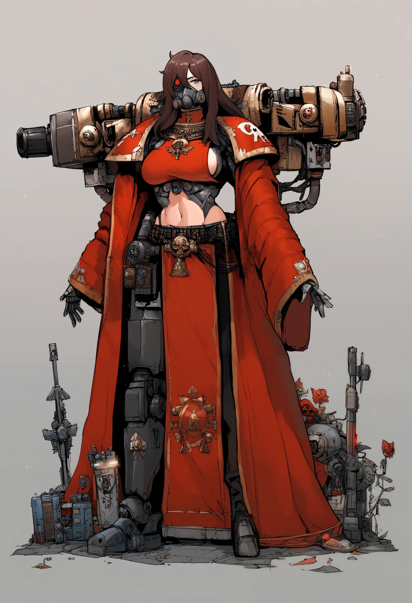 Anime, Concept art, Absurd resolution, high resolution, (masterpiece: 1.4), hyper-detail, octosoup, warhammer 40k, 1woman, admech, staff, red robe, cybernetics, long hair, brunette, cyborg, mechanical hands, boob window, midriff, gas mask, tubes, wires, raggy clothes, cybernetic eye, adeptus mechanicus, red robe, tech priest, mechanical joints