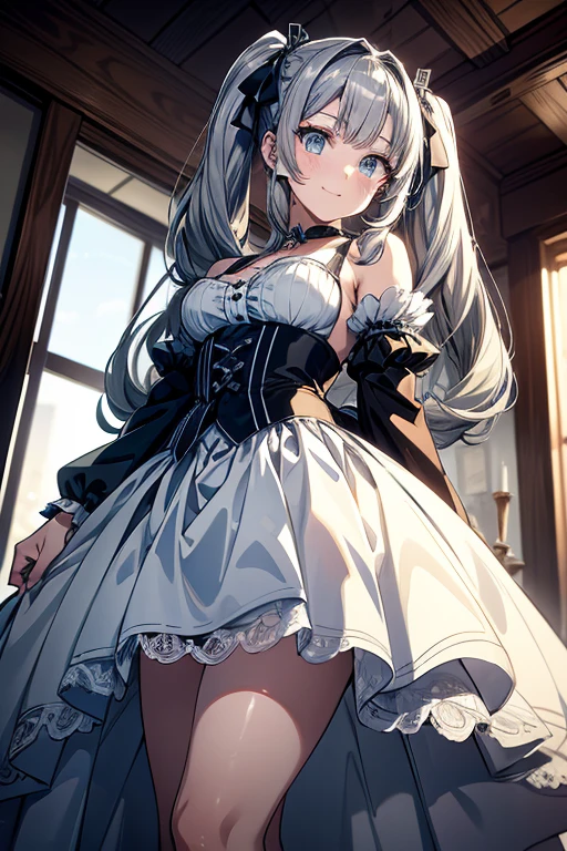 (from below:1.2),masterpiece,  top quality ,  extremely sophisticated , zPDXL, 2023,  ANIME STYLE, huge filesize,  wallpaper,  BREAK suviav5 ,  One girl , Alone, length hair, hair ribbon,  green eyes, two side up, ,  twin tails, medium , grey hair, (a domineering girl:1.3), Curvy,  choker ,  standing, dynamic_angle,  wedding dress ,{white_heels:1.1},  choker ,  standing,dynamic_angle,dynamic_ pose, close-up,Macro_shot,length,  Subia ,  twin tails, 長いhair, ribbon, hair, SilverGrey Hair,  blue eyes,  medium breasts, ks, Detailed Outline, Detailed Linework,  etching , Art Nouveau, Ancient , Detailed Linework, Muted color palette, sketch , flat coloring,( with sparkling eyes and a smile that can be conveyed to people),her thin pubic hair:1.2,  viewers