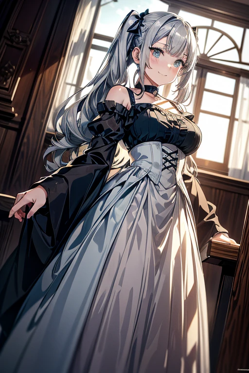 (from below:1.2),masterpiece,  top quality ,  extremely sophisticated , zPDXL, 2023,  ANIME STYLE, huge filesize,  wallpaper,  BREAK suviav5 ,  One girl , Alone, length hair, hair ribbon,  green eyes, two side up, ,  twin tails, medium , grey hair, (a domineering girl:1.3), Curvy,  choker ,  standing, dynamic_angle,  wedding dress ,{white_heels:1.1},  choker ,  standing,dynamic_angle,dynamic_ pose, close-up,Macro_shot,length,  Subia ,  twin tails, 長いhair, ribbon, hair, SilverGrey Hair,  blue eyes,  medium breasts, ks, Detailed Outline, Detailed Linework,  etching , Art Nouveau, Ancient , Detailed Linework, Muted color palette, sketch , flat coloring,( with sparkling eyes and a smile that can be conveyed to people),her thin pubic hair:1.2,  viewers