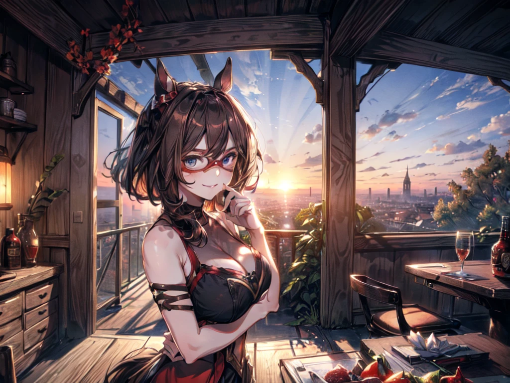 (Alone:2), (woman:2), (Short Fingers, Short Arms, Short Legs), (Horse Ears),(mask)、 (Big Breasts),( arm-crossed)、 (Smiling, Looking at Camera), (Red Castle Garden), (Sunset), (Focus on Chest), (Carefully Drawn, Amazing Artwork, Top Quality, High Resolution, 8k, Detailed, Delicate),
