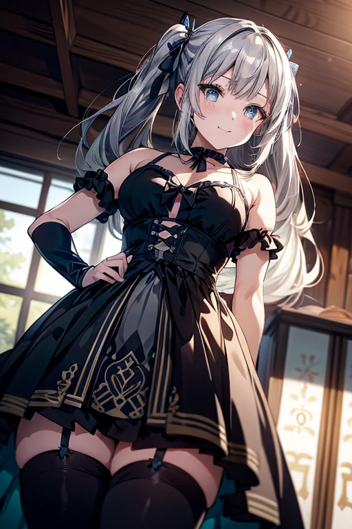 (from below:1.2),masterpiece, best quality, very aesthetic, zPDXL, 2023, anime style, huge filesize, wallpaper, BREAK suviav5, 1girl, solo, long hair, hair ribbon, green eyes, two side up, bosom, twintails, medium bosom, grey hair, (a domineering girl:1.3), curvy, choker, standing, dynamic_angle, wedding dress,{white_heels:1.1}, choker, standing,dynamic_angle,dynamic_pose, close-up,macro_shot,long, Suvia, Twintails, Long Hair, ribbon, hair, SilverGrey Hair, blue Eyes, Medium Bosom, KS, Detailed Outline, Detailed Linework, Etching, Art Nouveau, Koryu, Detailed Linework, Muted color palette, sketch like, Flat Coloring,(with sparkling eyes and a contagious smile),her thin pubic hair:1.2, looking at viewer