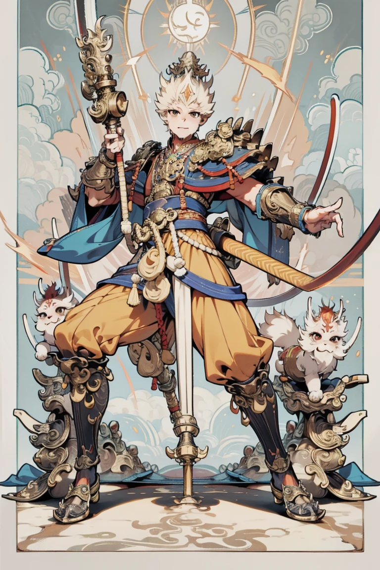 , 1 man ,Sun Wukong, Holds a Golden Mace,cloud,Bare your fangs, fierce ,Age25 ,ขี่cloud,((Mantle Details)),Full body