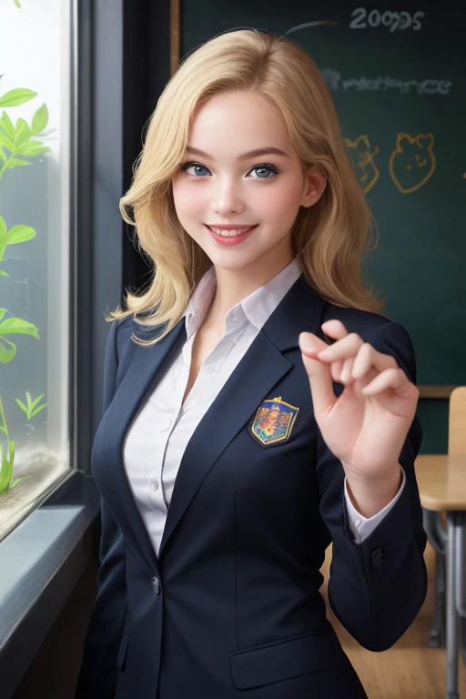   high res 、  high res 、 High image quality 、masterpiece、 one beautiful woman inside the aquarium building  、２５age、 school teacher 、 blondes、 blue eyes、Navy Suit、 school classroom、  Cute Poses 、 blackboard 、smile、(( depicting only the upper body ))、(( woman with a panther face ))