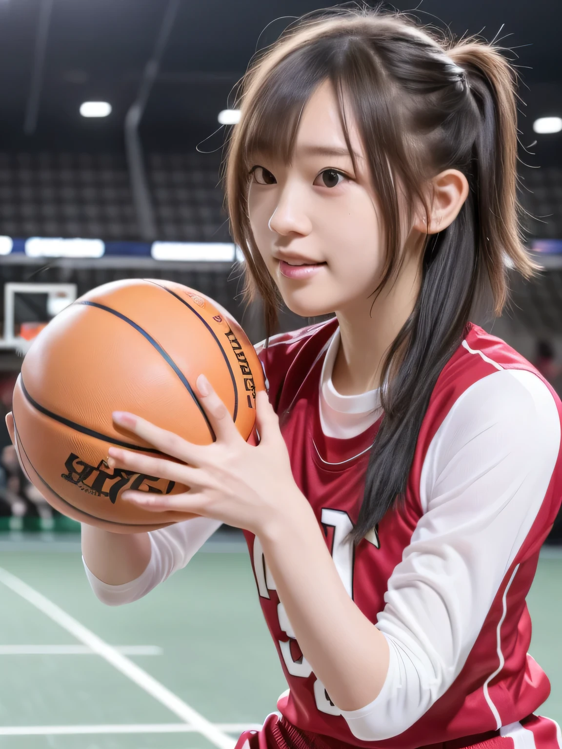 A young female basketball player executing a dynamic jump shot with precision and grace. The basketball is held firmly in both hands as she aims for the hoop, her form exuding confidence and mastery. Her slim-fit basketball uniform highlights her athletic build, while black high socks and matching sneakers provide a sleek and modern look. Her neatly braided black hair arcs through the air as she leaps, with her intense black eyes fixed firmly on the goal. The polished wooden floor of the brightly lit gymnasium reflects the action, emphasizing the energy, elegance, and competitive spirit of the moment. 　( RAW photos , top quality ), ( realistic , photo- realistic :1.4), masterpiece, extremely delicate and beautiful, extremely detailed, 2k wallpaper, wonderful, Detailed description, extremely detailed CG unity 8k wallpaper, high res, Soft light, beautiful with great attention to detail, extremely detailed eyes and face, beautiful detailed nose, beautiful detailed eyes, cinematic lighting , Perfect Anatomy, smile.