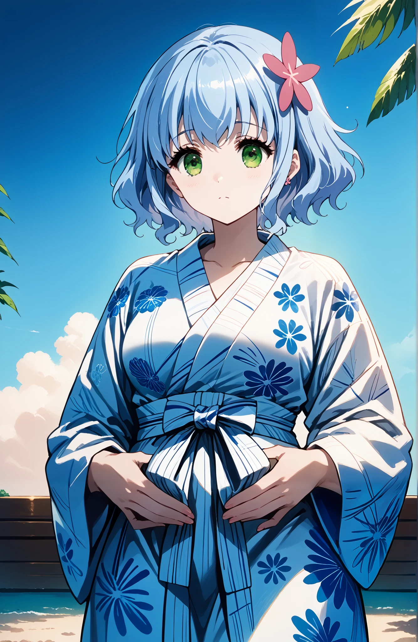 score_9, score_8_up, score_7_up, source_anime, 4K,perfect fingers,(perfect hands, perfect anatomy),
1girl,solo,amagimuse, muse, blue hair, green eyes, short hair, hair ornament, large breast,
wearing ((cotton yukata)),,
sexy pose,Hands on stomach,