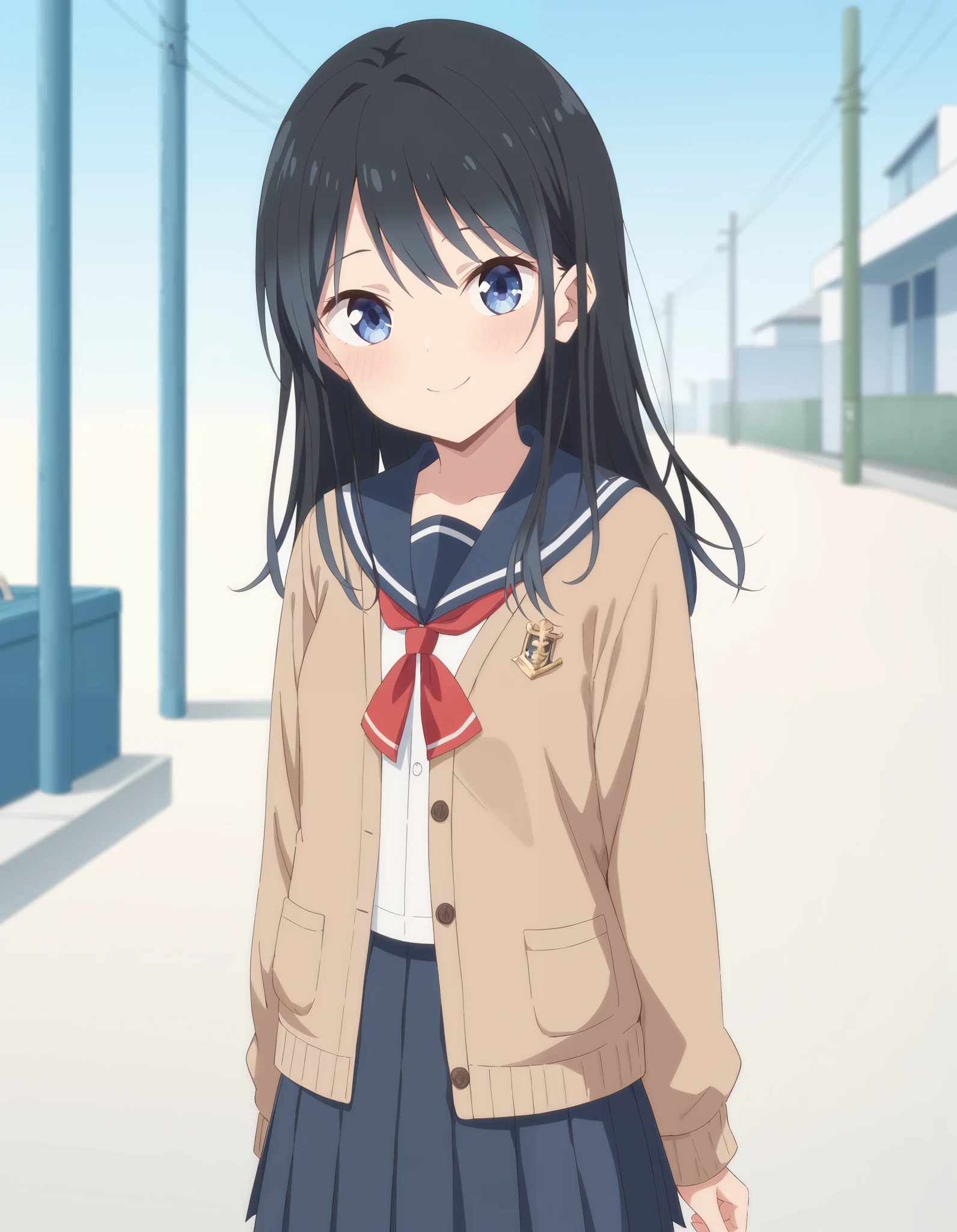 Masterpiece, hd, 1girl, Nanakura Rin, small breasts, thing leg, black hair, blue eyes, long hair, wearing sailor uniform, white sailor uniform, long sleeve, blue sailor collar, red tie, blue pleated skirt, wearing brown cardigan, cute girl, cute character, smile, Standing, potrait, looking at viewer, smile, outdoor, school background