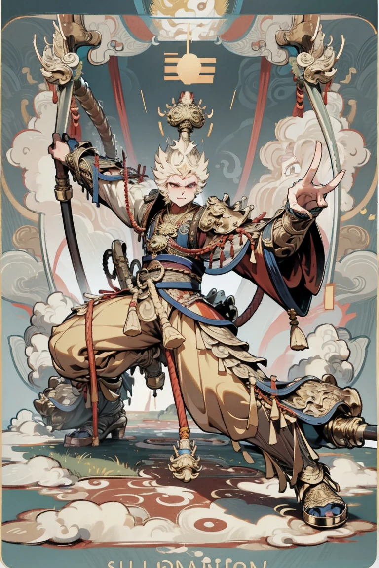 , 1 man ,Sun Wukong, Holds a Golden Mace,cloud,Bare your fangs, fierce ,Age25 ,ขี่cloud,((Smooth Mats)),Full body,(( hand details )),(( Face Details))