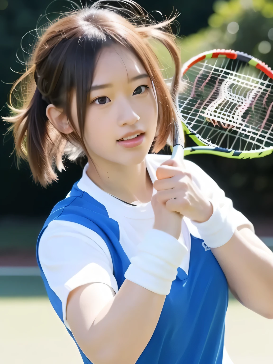 A young female tennis player dressed in a sleek blue tennis outfit stands ready, with her white undergarments visible. gripping her tennis racket with both hands in a poised and focused stance. The sunlight highlights the crisp lines of her attire and the polished strings of the racket. Her determined gaze locks onto an unseen opponent, exuding confidence and anticipation. The lush green grass of the tennis court extends into the distance, framed by a clear blue sky. This dynamic scene captures the perfect blend of elegance, power, and athletic prowess, showcasing her readiness to strike with precision and grace.　　( RAW photos , top quality ), ( realistic , photo- realistic :1.4), masterpiece, extremely delicate and beautiful, extremely detailed, 2k wallpaper, wonderful, Detailed description, extremely detailed CG unity 8k wallpaper, high res, Soft light, beautiful with great attention to detail, extremely detailed eyes and face, beautiful detailed nose, beautiful detailed eyes, cinematic lighting , Perfect Anatomy, smile.