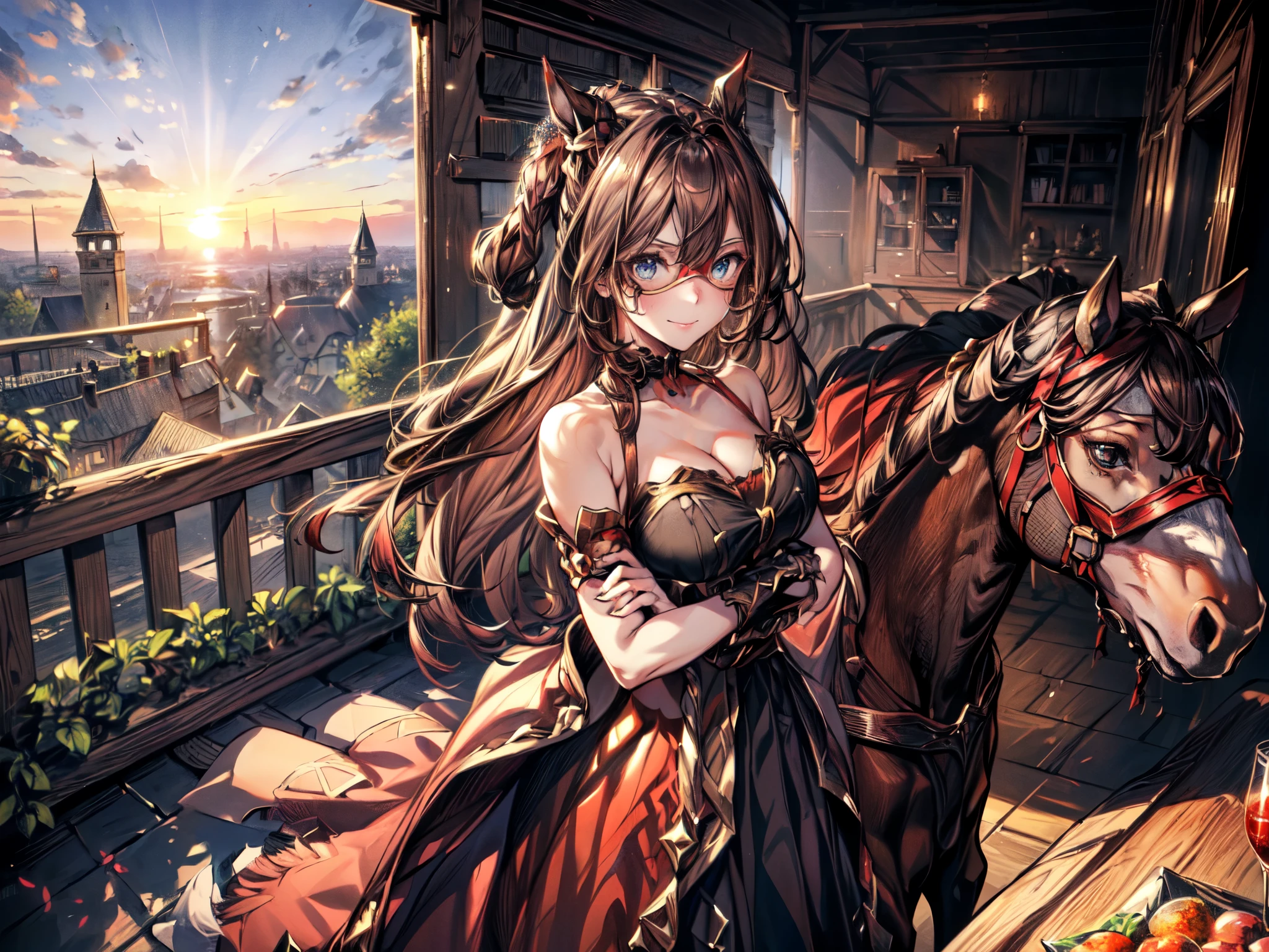 (Alone:2), (woman:2), (Short Fingers, Short Arms, Short Legs), (Horse Ears),(mask)、 (Big Breasts),( arm-crossed)、 (Smiling, Looking at Camera), (Red Castle Garden), (Sunset), (Focus on Chest), (Carefully Drawn, Amazing Artwork, Top Quality, High Resolution, 8k, Detailed, Delicate),
