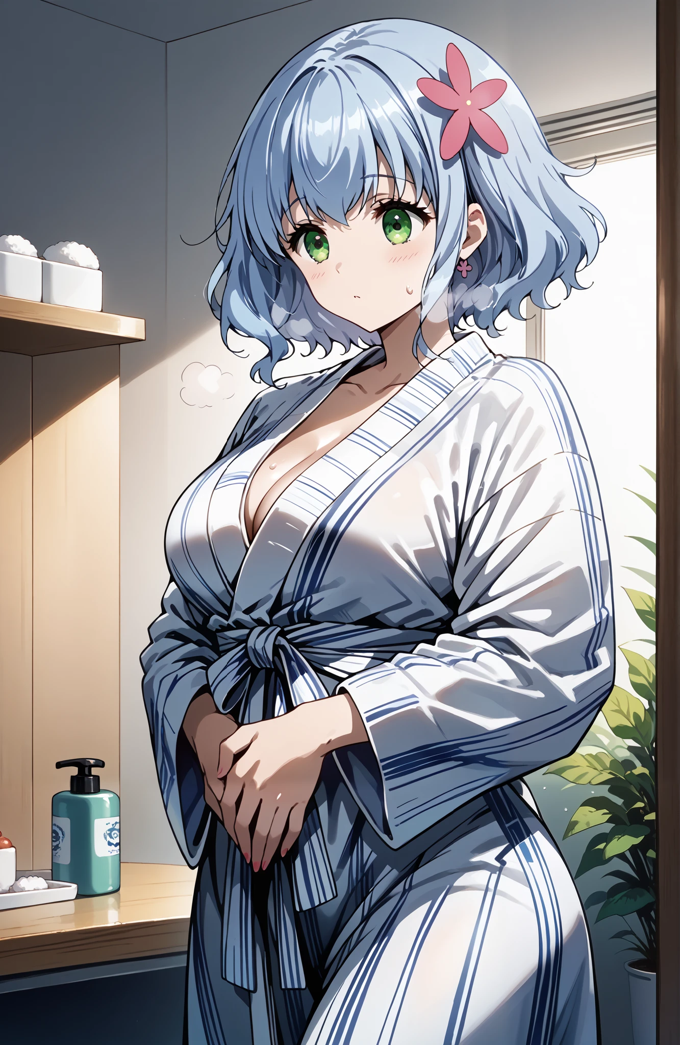 score_9, score_8_up, score_7_up, source_anime, 4K,perfect fingers,(perfect hands, perfect anatomy),
1girl,solo,amagimuse, muse, blue hair, green eyes, short hair, hair ornament, large breast,
wearing ((cotton yukata)),,
sexy pose,Hands on stomach,steaming body,sweating,heavy breathing,drying,