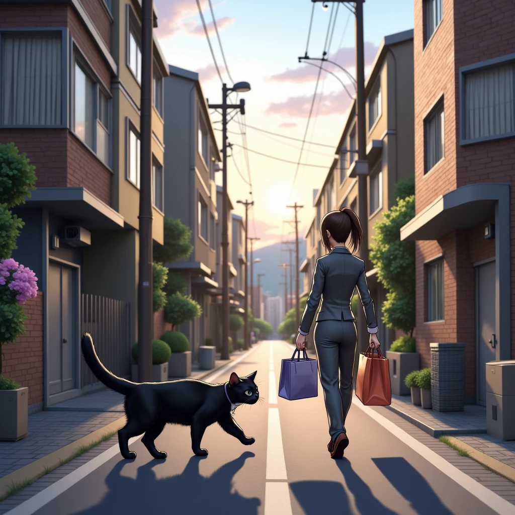 (   realistic   ,photo   realistic   ,photo-   realistic   :1.37),   A small road lined with Japanese condominiums in a residential area  、白Tシャツドレスを着るスコティッシュフォールドの    black cat ((Cait Sith))、 2本足で歩く人間の背丈と同じくらいbody格の良いスコティッシュフォールドの    black cat ((Cait Sith)) body、    small droopy ears    、  Details, Narrow eyes, Half an eye, , (My neck hair is brown )、  with a shopping basket in her hand   、   A Japanese woman with a brown ponytail wears a gray business suit and holds shopping bags  、 a woman and a    black cat are watching each other 、   a pleasant sight after shopping at dusk   、飼い猫の    black cat が人間のように振る舞うユーモラスな世界観、    black cat 。