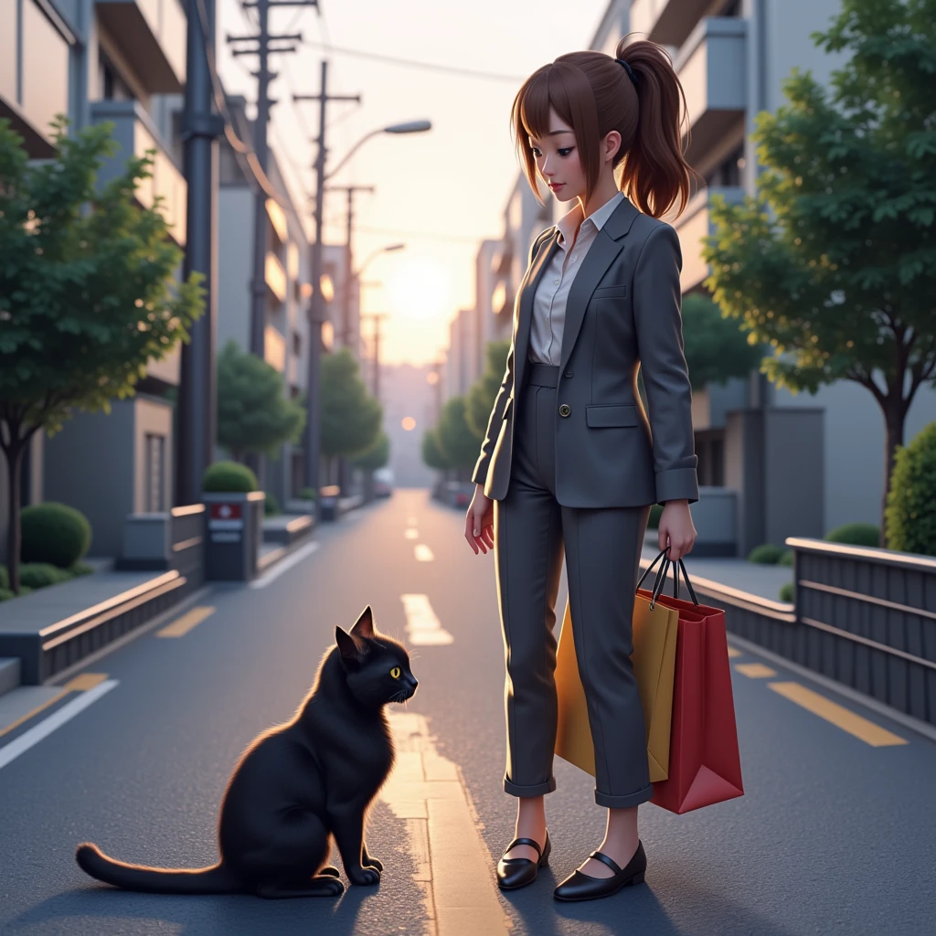 (   realistic   ,photo   realistic   ,photo-   realistic   :1.37),   A small road lined with Japanese condominiums in a residential area  、白Tシャツドレスを着るスコティッシュフォールドの    black cat ((Cait Sith))、 2本足で歩く人間の背丈と同じくらいbody格の良いスコティッシュフォールドの    black cat ((Cait Sith)) body、    small droopy ears    、  Details, Narrow eyes, Half an eye, , (My neck hair is brown )、  with a shopping basket in her hand   、   A Japanese woman with a brown ponytail wears a gray business suit and holds shopping bags  、 a woman and a    black cat are watching each other 、   a pleasant sight after shopping at dusk   、飼い猫の    black cat が人間のように振る舞うユーモラスな世界観、    black cat 。