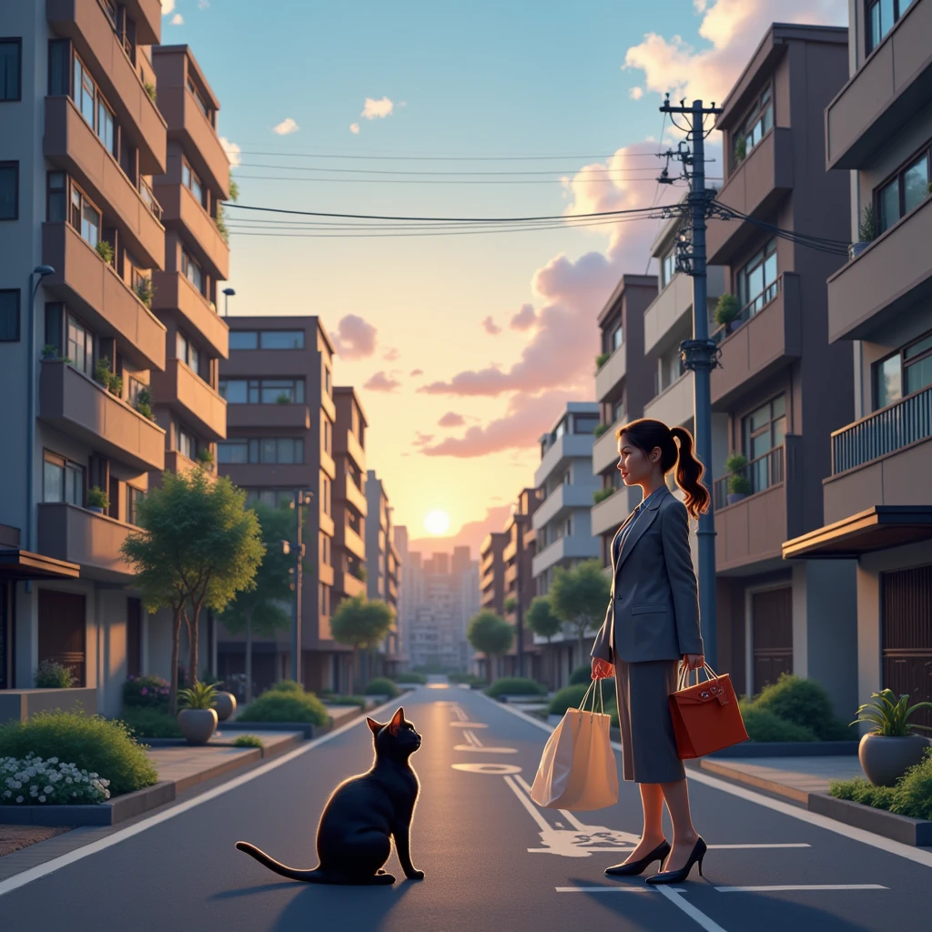 (   realistic   ,photo   realistic   ,photo-   realistic   :1.37),   A small road lined with Japanese condominiums in a residential area  、白Tシャツドレスを着るスコティッシュフォールドの    black cat ((Cait Sith))、 2本足で歩く人間の背丈と同じくらいbody格の良いスコティッシュフォールドの    black cat ((Cait Sith)) body、    small droopy ears    、  Details, Narrow eyes, Half an eye, , (My neck hair is brown )、  with a shopping basket in her hand   、   A Japanese woman with a brown ponytail wears a gray business suit and holds shopping bags  、 a woman and a    black cat are watching each other 、   a pleasant sight after shopping at dusk   、飼い猫の    black cat が人間のように振る舞うユーモラスな世界観、    black cat 。