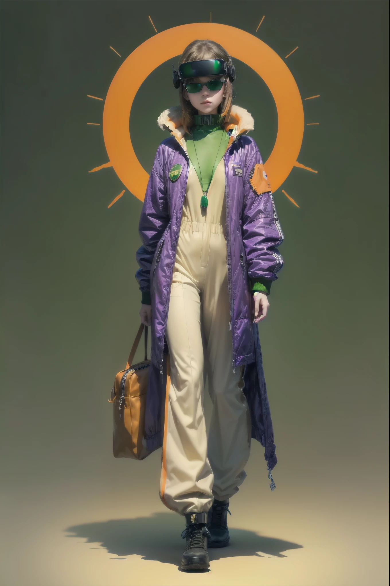 full body image, ( ultra detailed , ultra high resolution , detailed background ),((2d)),(( flat color )),((dull color)), Just coming out of the fog :1.5, Mirando al espectador, baggy flight suit,  with a sheepskin collar , (yellow, Violet, , green, orange:1.3), Plush necklace, full body image,  use virtual reality glasses, ((Baron&#39; Intricut Desert Background )), ((apocalyptic city)),  full body in the frame , ((Drone next to you ))