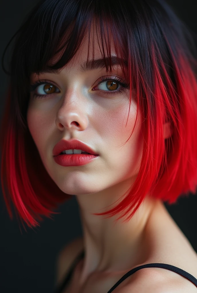 a close up of a woman with a red and black hair, a pastel by irakli nadar, trending on pexels, digital art, short red black fade hair, vibrant red, black and red tones, red and black tones, fiery red, colorful with red hues, red short hair, short red hair, gradient red to black, red colored