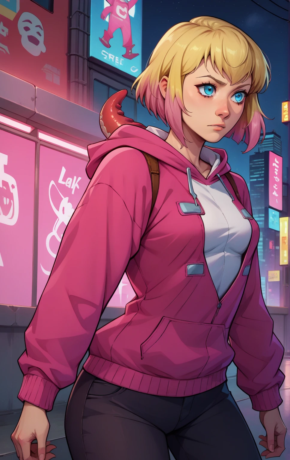 score_9, score_8_up, score_7_up, BREAK GwenpoolSDXL, 1girl, solo, breasts, short hair, blue eyes, blonde hair, detailed background, medium breasts,cowboy shot, pink hair, multicolored hair, hood, two-tone hair, gradient hair, Blonde hair, Medium hair, blue eyes, anime girl, Pink sweater with red octopus emblem, black pants, small breasts, cyberpunk city, night, background, sky,