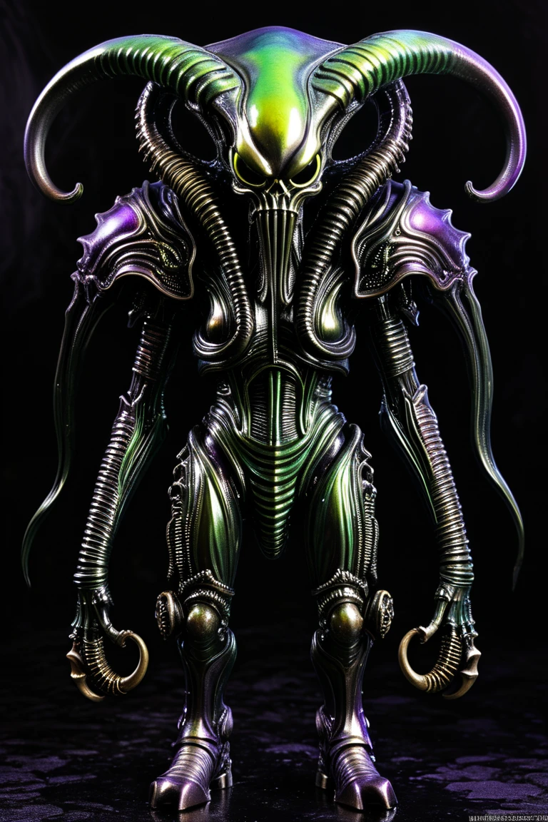 Demon、 full body image 、an action figure、H.r.Giger 、 Cthulhu monster、 steampunk、 evil villain 、 horrible 、Disgusting appearance 、skull face、 unknown life form 、metallic color、 full body image 、 dark back ground 、digital image 。