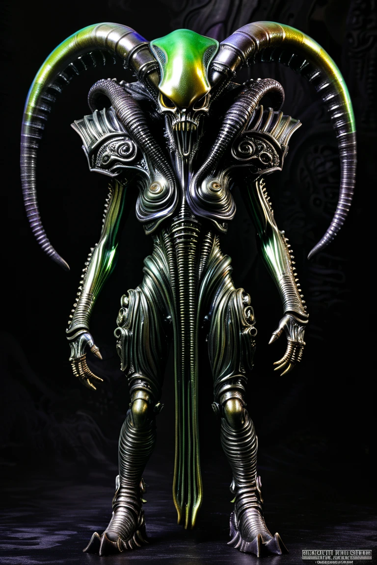 Demon、 full body image 、an action figure、H.r.Giger 、 Cthulhu monster、 steampunk、 evil villain 、 horrible 、Disgusting appearance 、skull face、 unknown life form 、metallic color、 full body image 、 dark back ground 、digital image 。