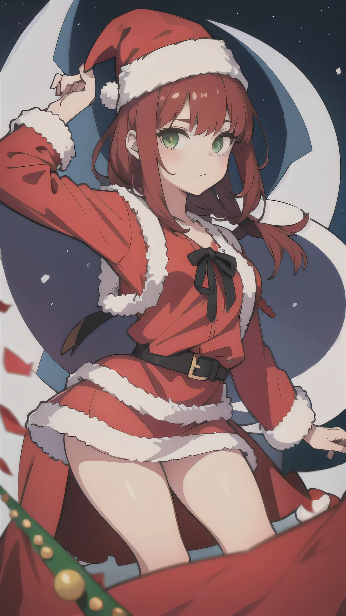 Anime moe style, (looking down at viewer), (((giantess))), ((low angle)), (Big thighs), ((big hips)), thin waist, ((flat stomach)), Cheeky grin, (((mischievous))), dom, sadist, Red hair, (Orange eyes), (tight Button shirt), ((black blouse)), ((short black cape)), (short skirt), (Upskirt angle showing striped panties), ((Red Panda ears)), (((Red Panda tail))), (((bushy tail))), thin waist, volumetric lighting, (masterpiece), dynamic angle, (best quality), ((evening sky)), (((((watercolor speedpaint Illustration))))), (((white thigh highs))), ((((wearing santa hat)))), (snow), ((cloudy)), Christmas