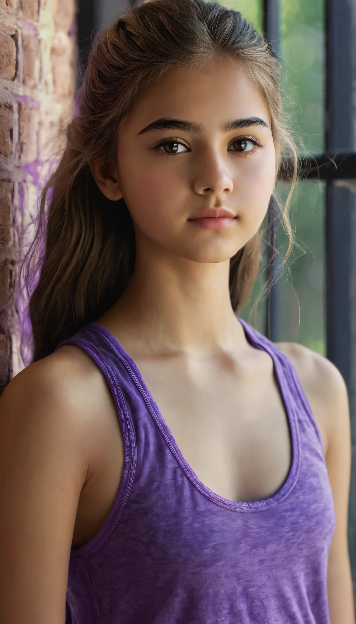 full body image of fifteen year old girl, beautiful detailed eyes, extremely detailed face and features, long eyelashes, long flowing hair, ( out), with Purple Tank Top, neighbohood, natural lighting, cinematic composition, highly detailed, photorealistic, 8k , work of art,