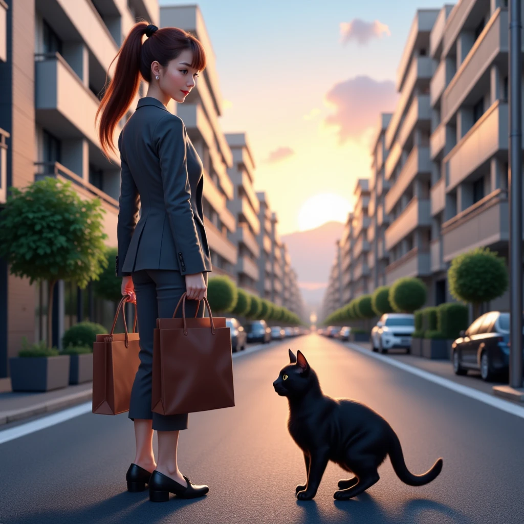 (  realistic  ,photo  realistic  ,photo-  realistic  :1.37),  A small road lined with Japanese condominiums in a residential area  、白Tシャツドレスを着るスコティッシュフォールドの  black cat ((Cait Sith))、 2本足で歩く人間の背丈と同じくらいbody格の良いスコティッシュフォールドの  black cat ((Cait Sith)) body、  small droopy ears  、  Details, Narrow eyes, Half an eye, , (My neck hair is brown )、  with a shopping basket in her hand  、  A Japanese woman with a brown ponytail wears a gray business suit and holds shopping bags  、 a woman and a  black cat are watching each other 、  a pleasant sight after shopping at dusk  、飼い猫の  black cat が人間のように振る舞うユーモラスな世界観、  black cat 。