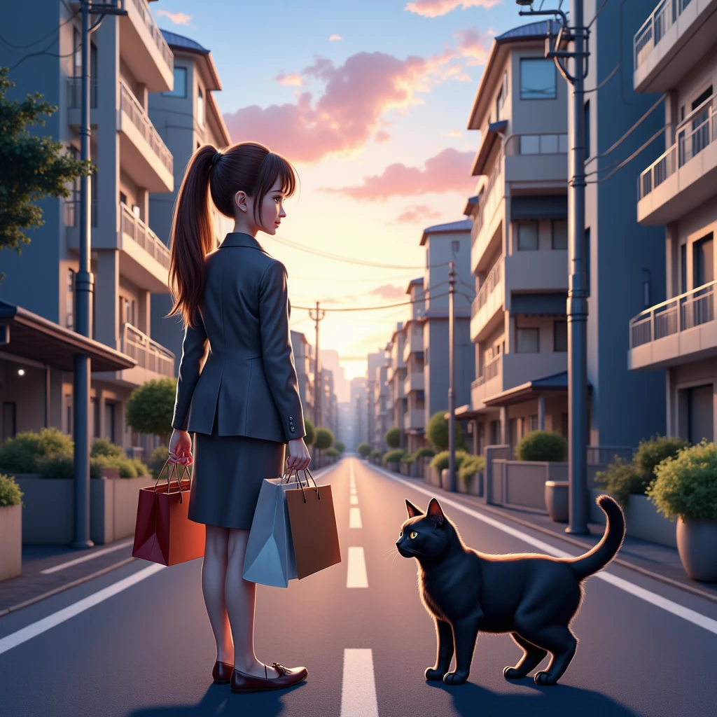 (  realistic  ,photo  realistic  ,photo-  realistic  :1.37),  A small road lined with Japanese condominiums in a residential area  、白Tシャツドレスを着るスコティッシュフォールドの  black cat ((Cait Sith))、 2本足で歩く人間の背丈と同じくらいbody格の良いスコティッシュフォールドの  black cat ((Cait Sith)) body、  small droopy ears  、  Details, Narrow eyes, Half an eye, , (My neck hair is brown )、  with a shopping basket in her hand  、  A Japanese woman with a brown ponytail wears a gray business suit and holds shopping bags  、 a woman and a  black cat are watching each other 、  a pleasant sight after shopping at dusk  、飼い猫の  black cat が人間のように振る舞うユーモラスな世界観、  black cat 。