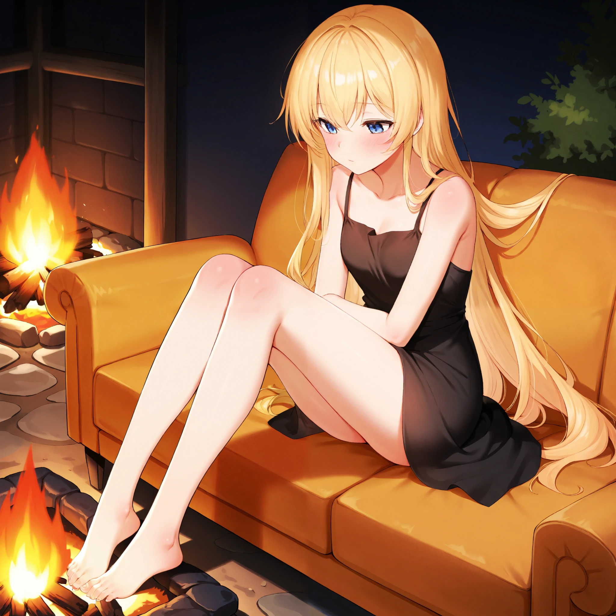 Make a cute girl, long blonde hair, blue eyes, black partwear hot dress, sitting on a sofa, exposed legs and arms, upper chest visible, naked feet, near a campfire.