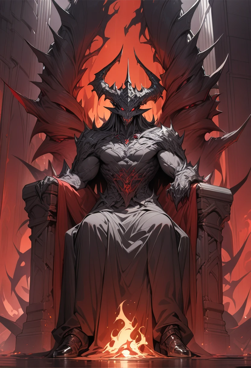 masterpiece, best quality, 8K, ultra res, extremely detailed,, A formidable fantasy scene: a muscular, 35-year-old male tyrant, with sinister red eyes and short black hair, sports two menacing black horns. His ominous laughter fills the dark throne room. He wears black armor, exuding an air of evil. Show his full, imposing figure seated on a dark throne.