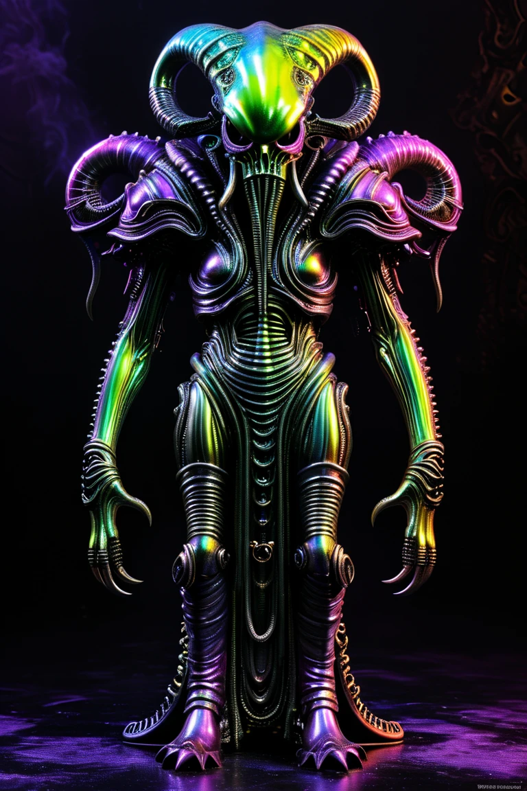 Demon、 full body image 、an action figure、H.r.Giger 、 Cthulhu monster、 steampunk、 evil villain 、 horrible 、Disgusting appearance 、skull face、 unknown life form 、metallic neon color、 full body image 、 dark back ground 、digital image 。