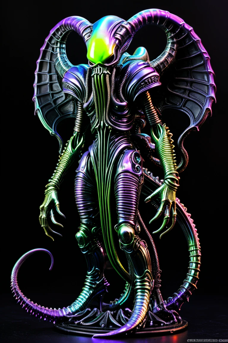 Demon、 full body image 、an action figure、H.r.Giger 、 Cthulhu monster、 steampunk、 evil villain 、 horrible 、Disgusting appearance 、skull face、 unknown life form 、metallic neon color、 full body image 、 dark back ground 、digital image 。