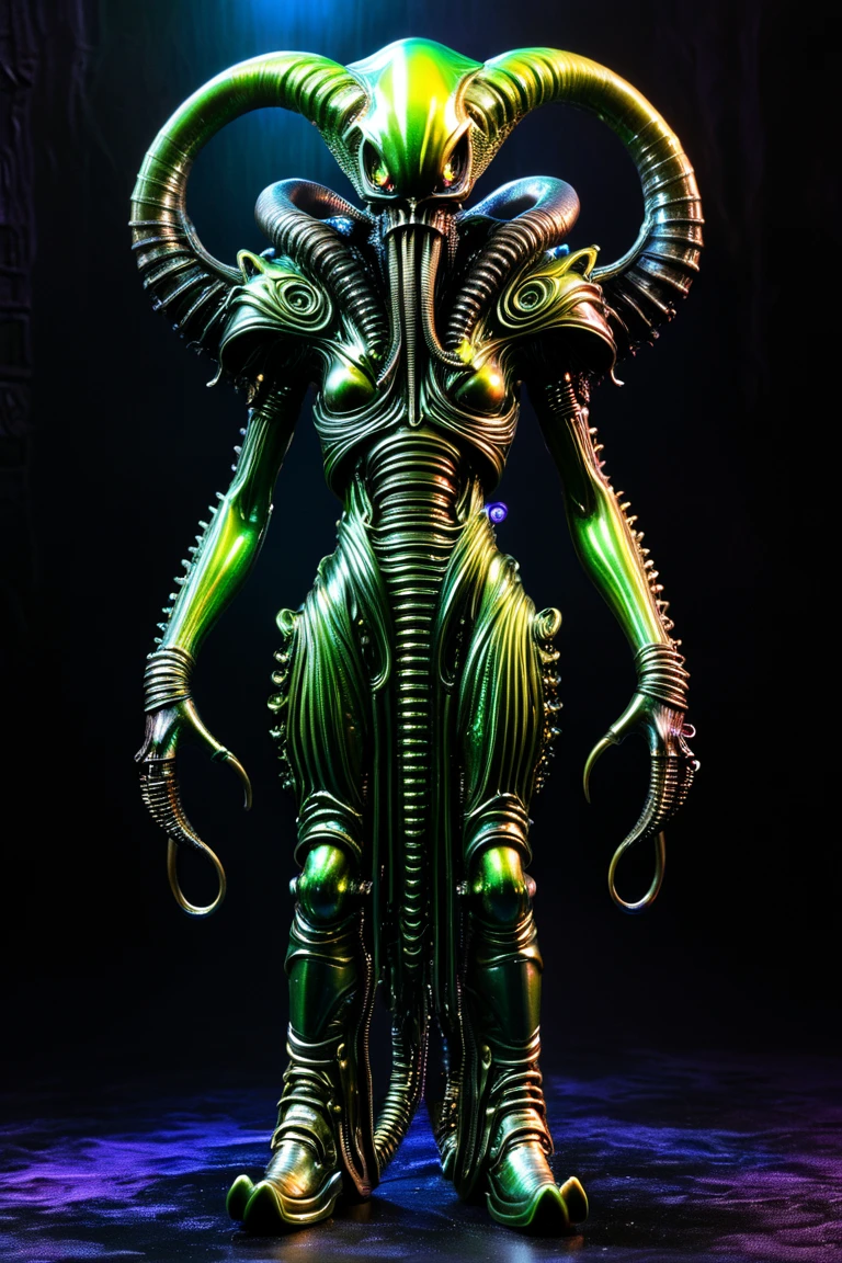 Demon、 full body image 、an action figure、H.r.Giger 、 Cthulhu monster、 steampunk、 evil villain 、 horrible 、Disgusting appearance 、skull face、 unknown life form 、metallic neon color、 full body image 、 dark back ground 、digital image 。