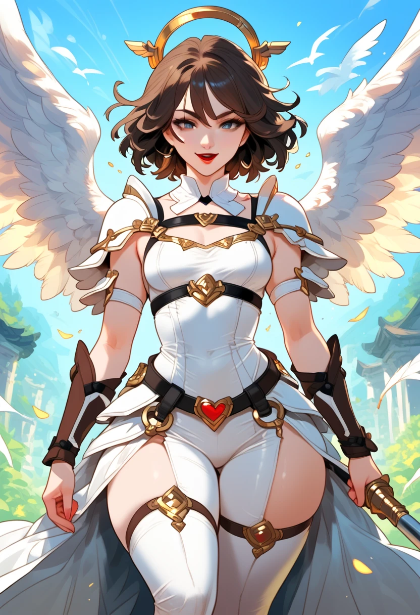  a beautiful and sensual woman ,Red lips,happy face,large curves,small breasts,Dark brown hair,((grey eyes)), light and simple armor adapted for hand-to-hand combat,perfect anatomy,perfect body,angel wings,